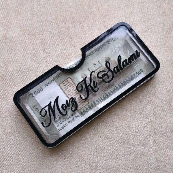 Right-angled shot of a custom name acrylic gift holder with 'Mozz Ki Salami', showing its glossy finish and modern design for salami.