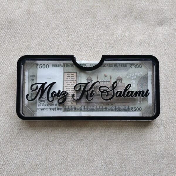 Front view of a personalized money envelope for salami gifts, featuring 'Mozz Ki Salami' in a beautiful black cursive font on a clear holder.