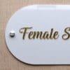 Close-up of the raised gold acrylic lettering on the 'Female Section' shop sign, showing the elegant script.