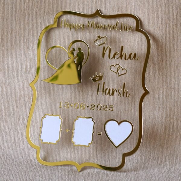 Top-down view of the personalized wedding thumbprint keepsake, showing the full curly frame design, gold lettering, and blank white spaces for the couple's prints.