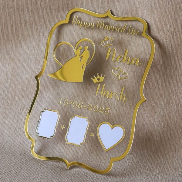Personalized curly frame wedding keepsake with a dramatic window shadow falling across the gold acrylic surface.