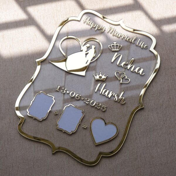 A personalized wedding thumbprint art piece for couples illustrating how two thumbprints plus each other equals a heart.