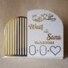 Straight-on product shot of the custom Islamic wedding plaque fully assembled on its stand, showcasing the beautiful Arabic calligraphy and modern design.