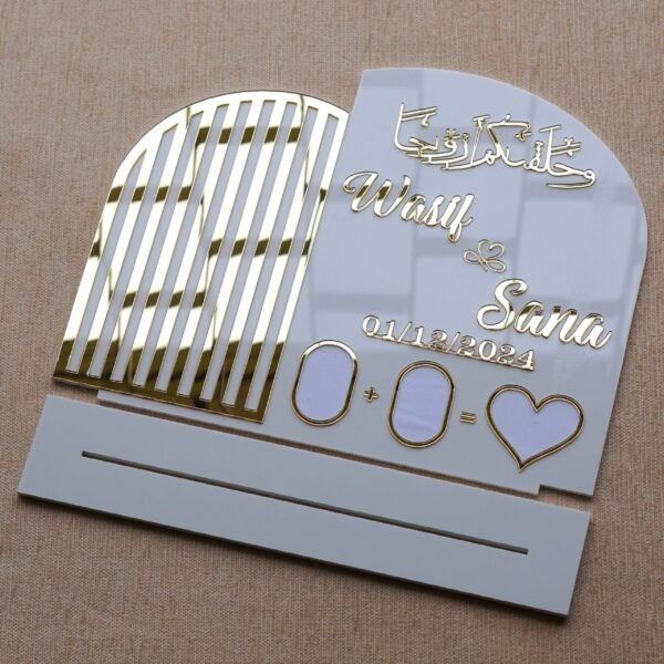 Top-down view of the personalised Nikah plaque laid out above its removable stand, clearly demonstrating how the pieces fit together for easy assembly and transport.