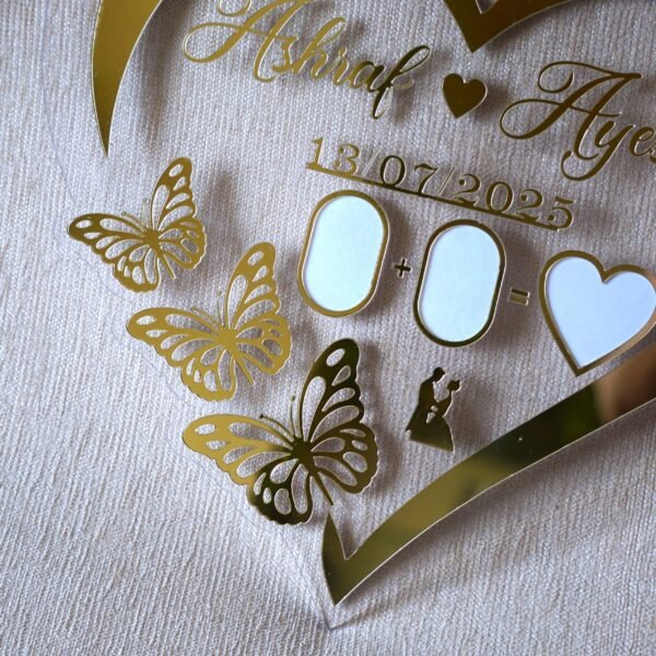 A detailed close-up of the lower-left section of the Nikah board, focusing on the golden butterfly designs and thumbprint slots.