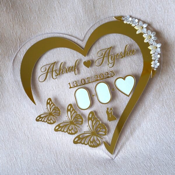 A clear shot of the custom couple's thumbprint gift, highlighting the personalized names and intricate design.