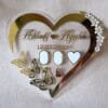 Full front view of a heart-shaped acrylic Nikah thumb board, personalized with the names 'Ashraf & Ayesha' and a date.
