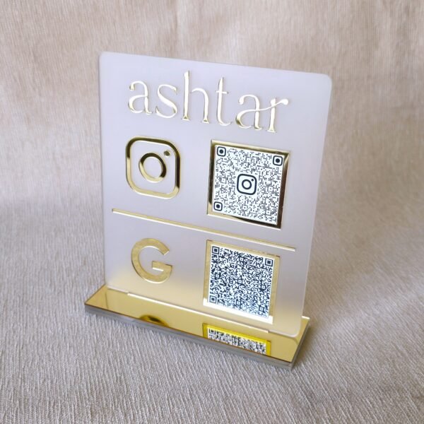 Angled perspective shot of the personalized tabletop QR code display sign with gold accents on a textured surface.