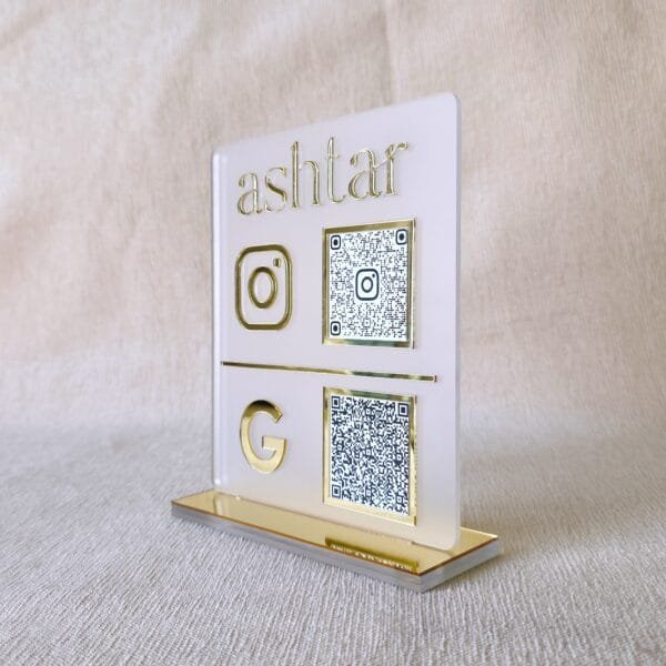 Clear front view of the custom social media QR code sign with a gold mirror base, perfect for a business counter.