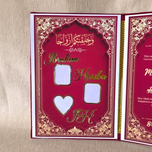 nn3 Close-up of the left page of the Nikah Nama booklet, showing gold foil names 'Ibrahim' and 'Hasiba' next to spaces for photos.