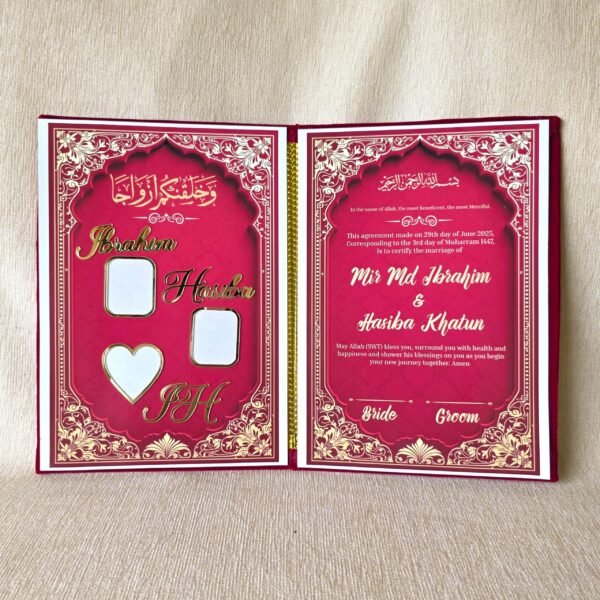 Open red and gold Islamic Nikah Nama booklet showing the interior pages for couple's details, photos, and signatures.