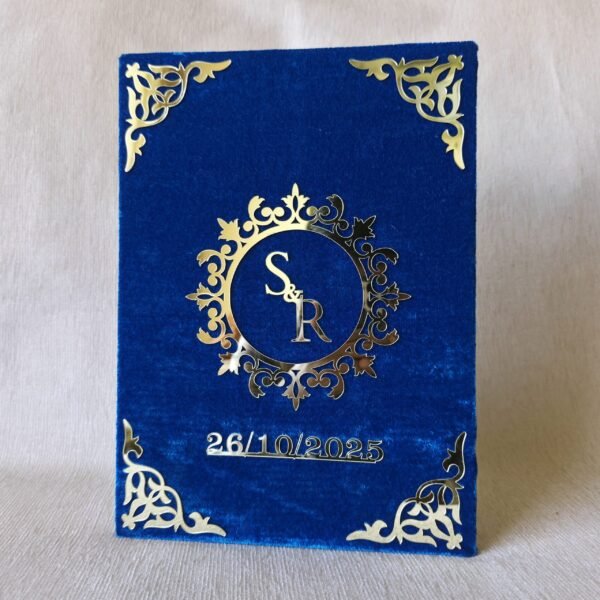 The inside left panel of the Nikah Nama booklet featuring gold acrylic names 'Shafi' and 'Reshma' with two empty heart-shaped slots for photos.