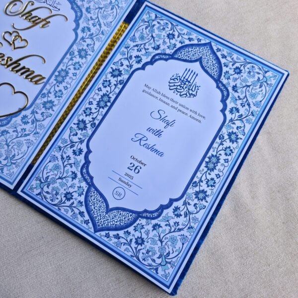 The inside right panel of the Nikah Nama booklet showing the wedding details for "Shafi with Reshma" on October 26, 2025, framed by a blue floral pattern.